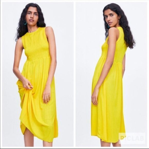 NEW ZARA SMOCKED MIDI DRESS SUNDRESS YELLOW SIZE L - Picture 4 of 4